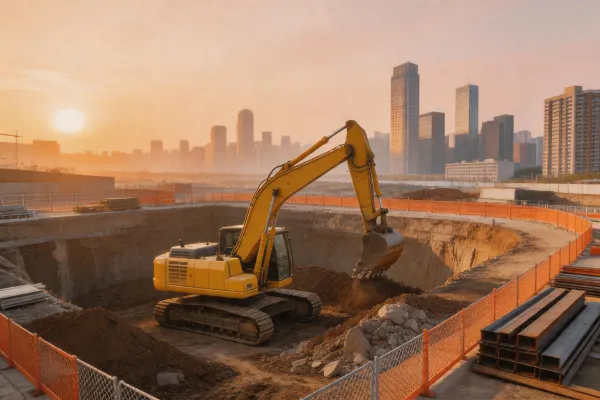 Excavator at building construction site