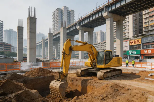 Excavator at road infrastructure site