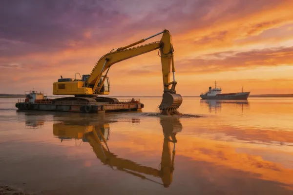 Long-reach excavator dredging